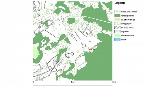 Slika 3: Kartirane krajinske prvine na območju Parja. (CRP Opredelitev krajinske pestrosti in krajinskih značilnosti, pomembnih za ohranjanje biotske raznovrstnosti, Golobič in sod., 2015)