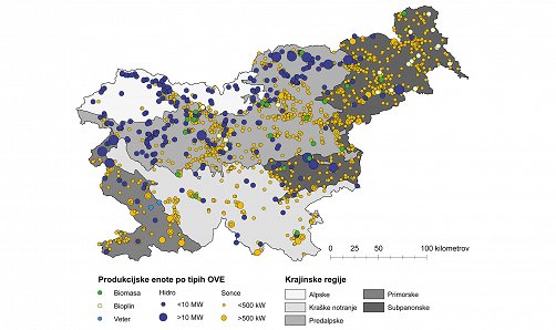 Figure 6: Map of the renewable energy production units and typology of the Slovenian landscapes. (Bevk, 2018)